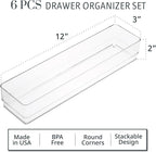 STORi SimpleSort 6-Piece Stackable Clear Drawer Organizer Set | 12" x 3" x 2" Rectangle Trays | Narrow Makeup Vanity Storage 