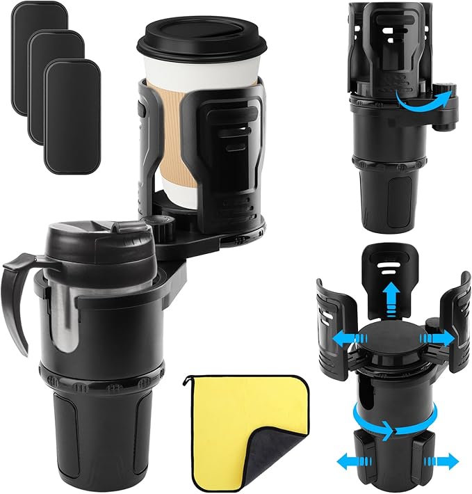 2 in 1 Car Cup Holder Expander, Multifunctional Expandable Car Cup with 360° Rotating Cup Holder Adapter Extender for Car with Adjustable Base Cup Holder Organizer for Large Water Cups and Drinks