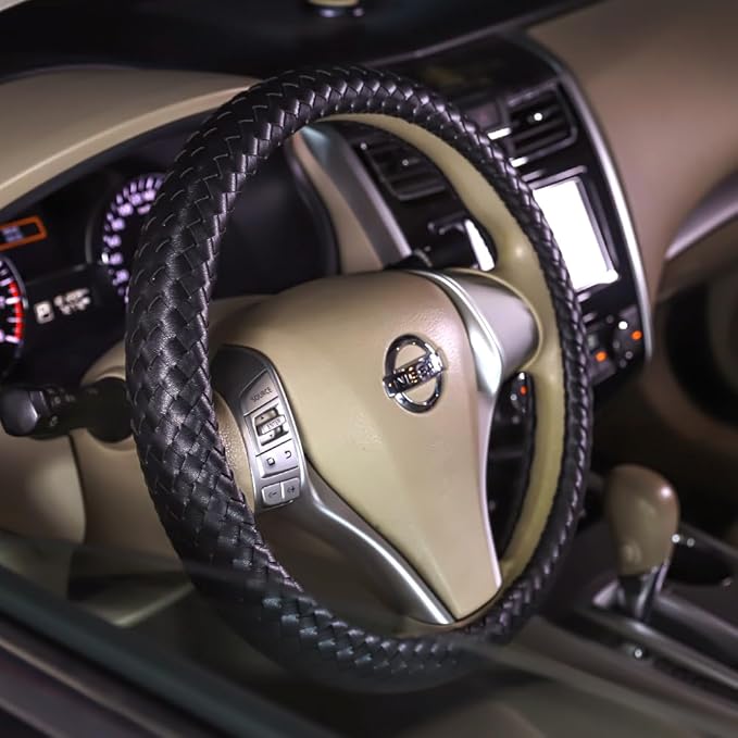 Carwales Car Leather Steering Wheel Cover Men Luxury Black Hand-Made Wrap Hand Woven Universal 14.5-15 Inch