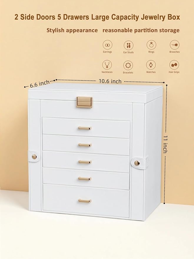 BOOVO Jewelry Box For women, 6 Layer Large Jewelry Organizer With Mirror, Multi-Function Storage Box With Lock, Necklace Hold