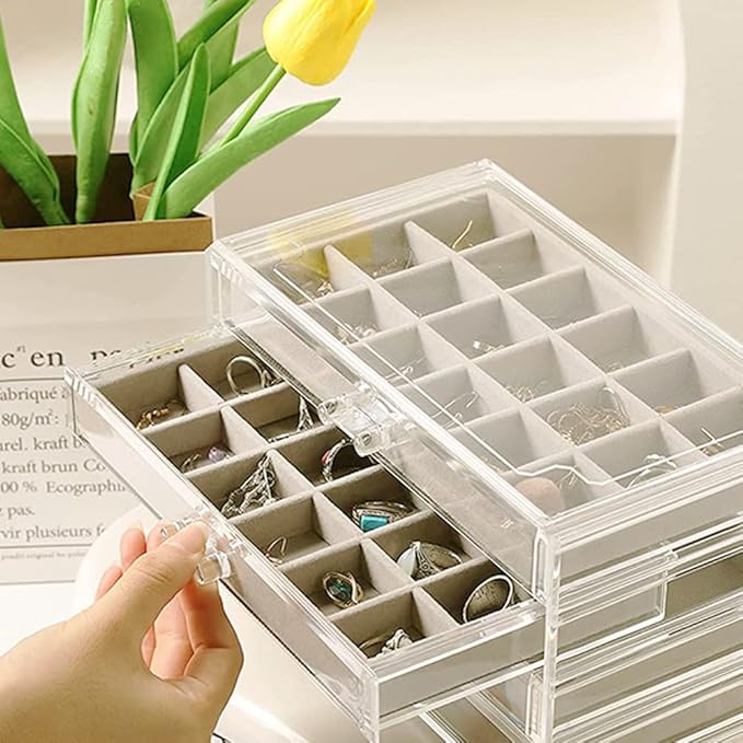 YUFONG Earring Organizer Box Acrylic Jewelry Organizer with 3 Drawers 54 Adjustable Grids Clear Stackable Earring Holder Velv
