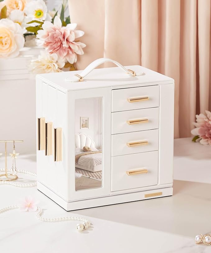Homde Jewelry Box 360° Rotating, Necklace Earring Organizer with Transparent Window, Mirror, 7 Drawers, Large Ring Display St
