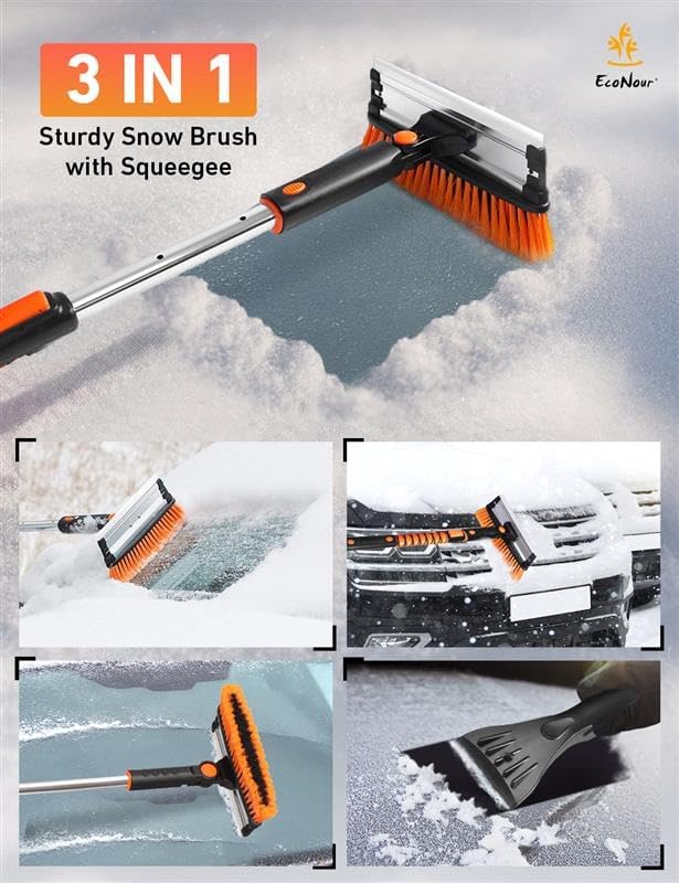 EcoNour 49" Extendable Squeegee Snow Brush and Ice Scraper for Car Windshield & Windows | 270° Telescopic Snow Broom with Pivoting Squeegee | Heavy Duty Car Snow Removal Tool for SUV, Truck & Car