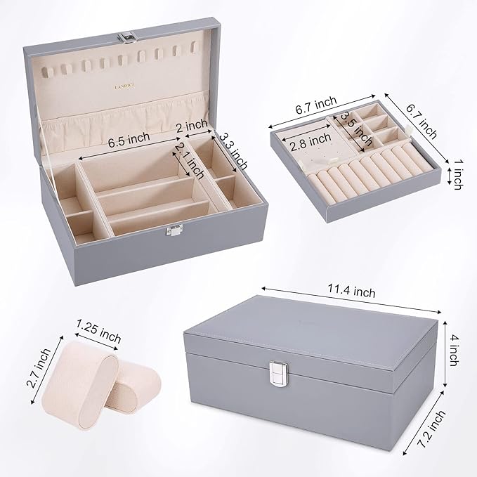 LANDICI Jewelry Box Organizer for Men Women, 2 Layer 4 Slot Watch Storage Case with Removable Tray, PU Leather Large Jeweller