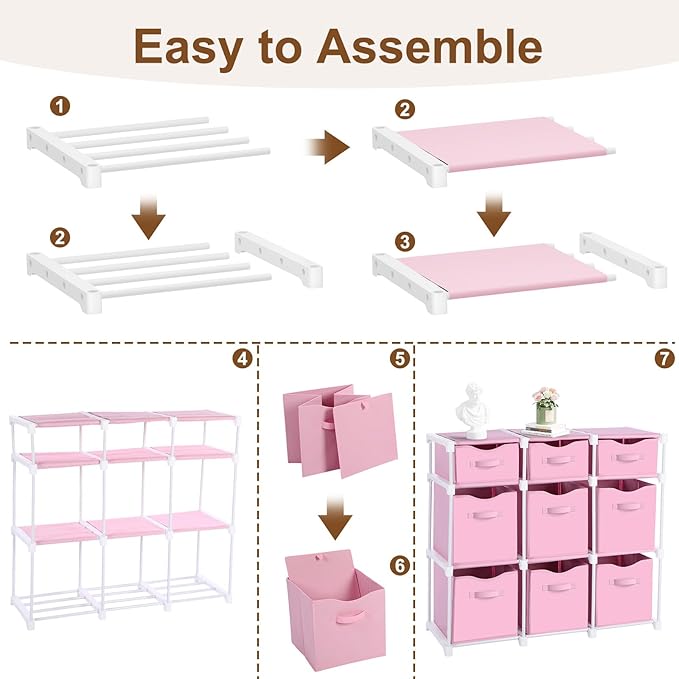 9 Cube Storage Organizer Shelf with Storage Bins and Label, 11 Inch Toy Cube Bins Clothes Closet Organizers Drawers Fabric Dr