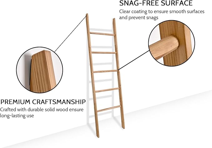 FUIN 63inch Wooden Blanket Ladder, Wood Towel Ladder, Rustic Decorative Ladder for Blankets, Farmhouse Quilt Rack for Living 