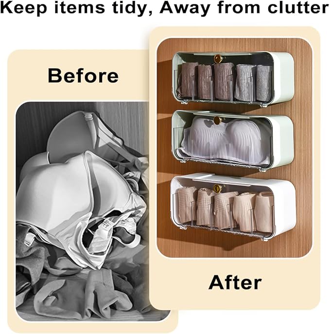 Socks Underwear Drawer Organizer, 5 Cell Compartments Acrylic Wall Mount Storage Boxes, Self-Adhesive Switchable Drawer Organ