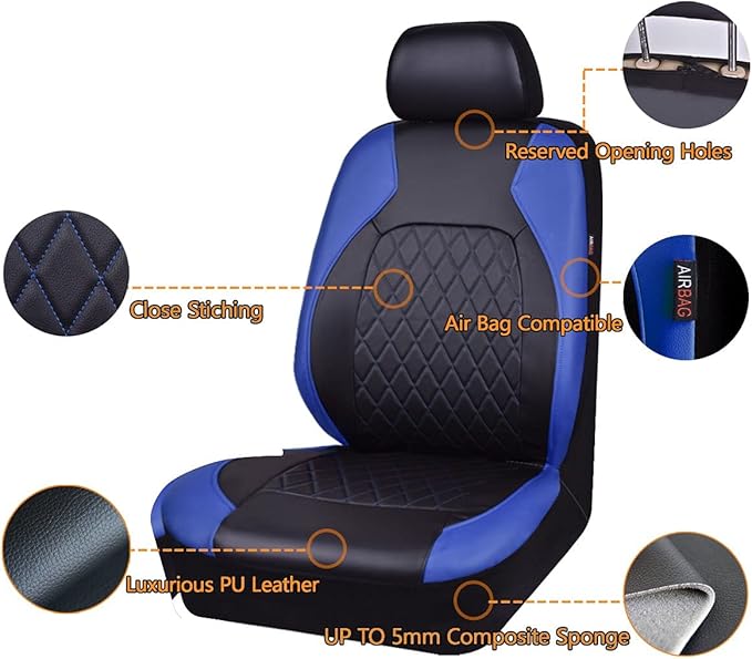 Universal Deluxe Pu Luxury Vinyl Faux Leather Car Seat Covers Two Front 6 Pieces Airbag Compatible Fit for Cars SUV Vehicles 