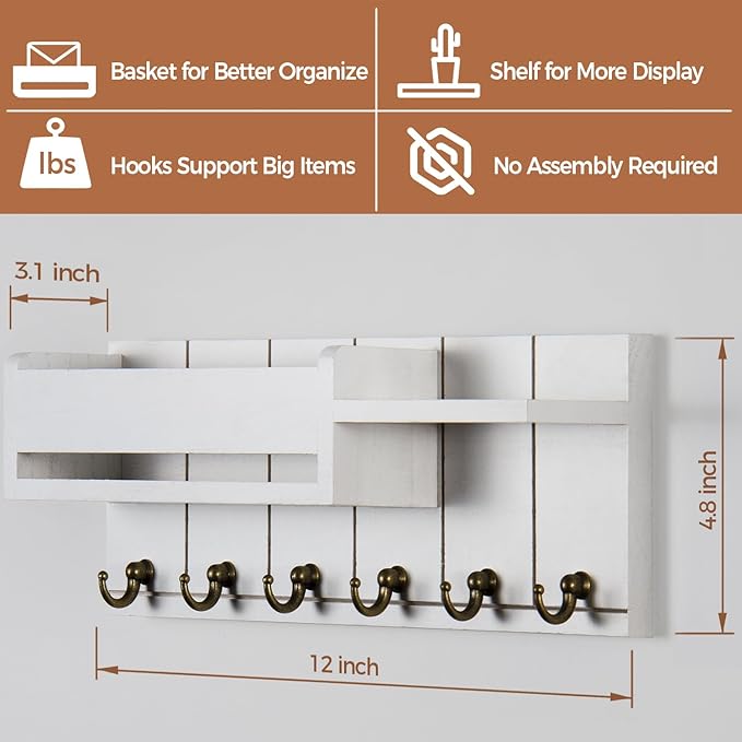 RelaxScene Key Holder Wall Mount - Key Hooks for Wall Decor Living Room - Wooden Key Hanger Rack and Mail Organizer with Shel