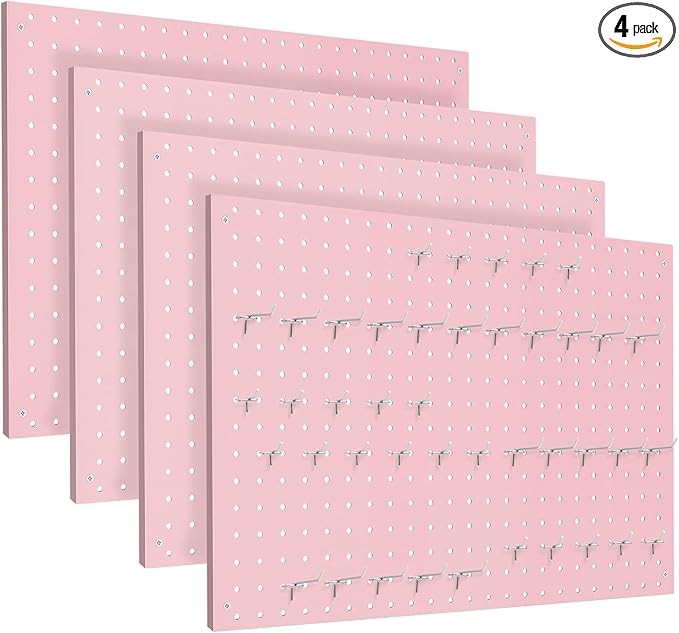 Peg Board, 4 Pack Metal Pegboard Panels Pink Pegboards Wall Organizer with Frame Large Heavy Duty Peg Board with Hooks for Wa