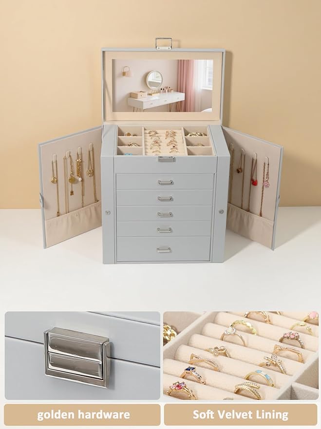 BOOVO Jewelry Box For women, 6 Layer Large Jewelry Organizer With Mirror, Multi-Function Storage Box With Lock, Necklace Hold