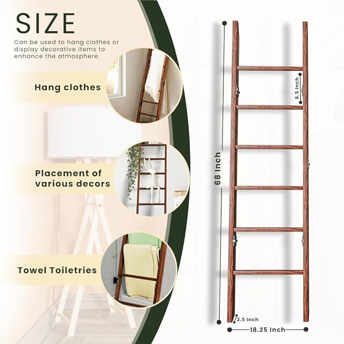 Decorative Wooden Blanket Ladder for the Living Room and Bedroom, 5ft 8 inch, Pine Wood Quilt Ladder, 6-Tier Wall Leaning Bla
