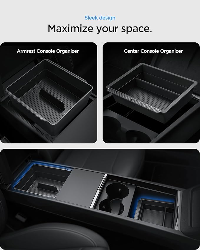 Spigen Center Console and Armrest Organizer for Tesla Model Y Juniper (Only Premium & Performance 2025/2026) and Model 3 Highland (Standard, Premium & Performance 2024/25/26)