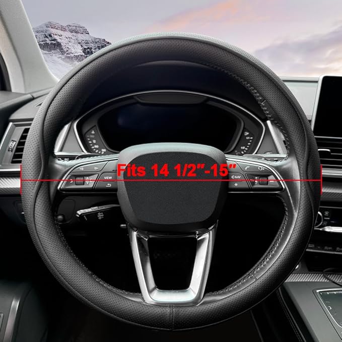 HAOTULE Leather Steering Wheel Cover， with Anti-Slip Stripe Design - Enhanced Grip, Fashion Style, Safe, Non-Slip, Breathable