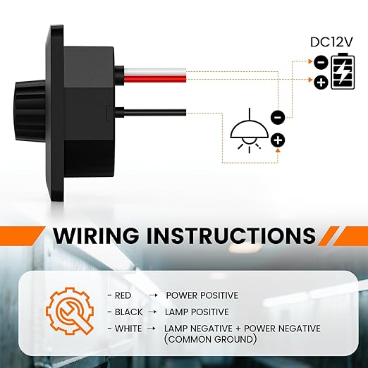 GZV 12V Dimmer Switch, 200W PWM Dimmer Switch - Adjustable Brightness for LED, Halogen, Incandescent & Strip Lights - Compatible with RV, Auto, Truck, Marine, Black