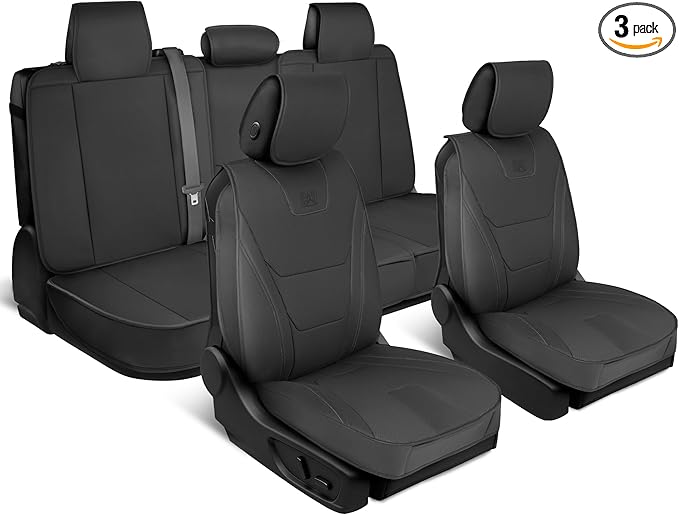 Cat® Edge Deluxe Faux Leather Car Seat Covers – Full Set (2 Front + 1 Rear Bench) – Semi-Custom Universal Fit, Two-Tone Black