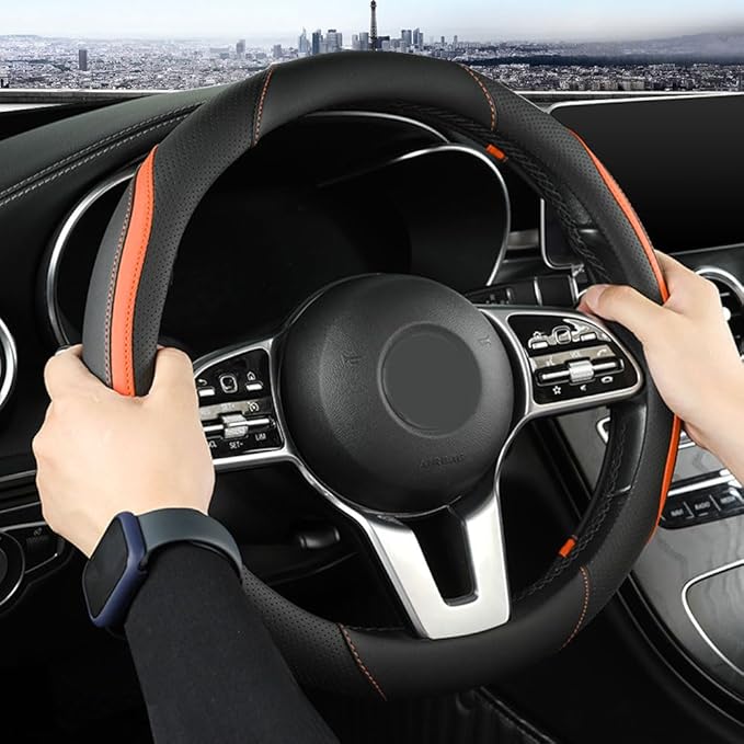 Car Steering Wheel Cover, Leather Steering Wheel Cover Orange Universal 14.5-15 Inch Microfiber Leather Anti-Slip Breathable 