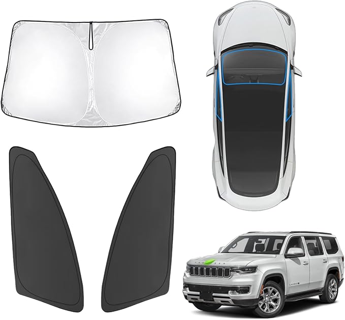 Karltys 3PCS Windshield Sun Shade for 2022-2025 Jeep Grand Wagoneer, 210T Thickened Front and Side Window Sunshade Cover Custom Fit Grand Wagoneer, Foldable Sun Visor Protector Keeps Your Car Cool