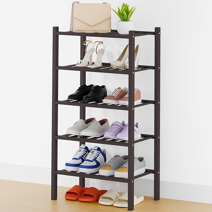 Smiry Shoe Rack, 5 Tier Thick Small Bamboo Shoe Organizer, Stackable Free Standing Wooden Shoe Storage Shelf for Closet, Entr