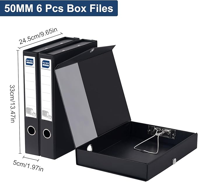 Storage File Boxes A4, 6 Pack Foldable File Box with Clip, 50mm Spine, Plastic Archives Cases with Magnetic Closure, Document