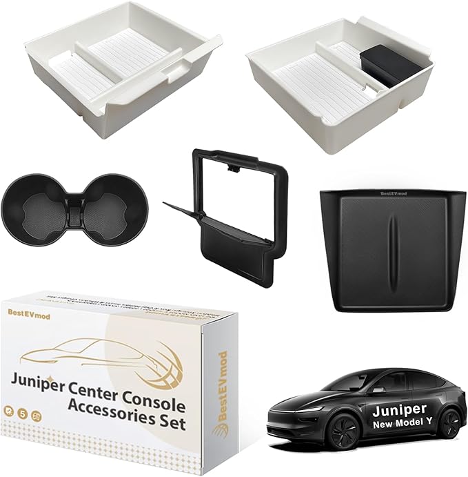 BestEvMod 5PCS Center Console Organizer Compatible with 2026 2025 Tesla New Model Y Juniper Accessories ABS Slide Smoothly Cup Holder Insert Wireless Charger Mat Silicone (White) Not fit Standard