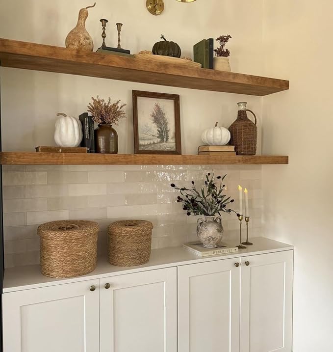 ROGMARS 36 Inches Long Walnut Floating Shelves,Rustic Solid Wood Farmhouse Wall Shelves with Invisible Brackets for Bathroom,