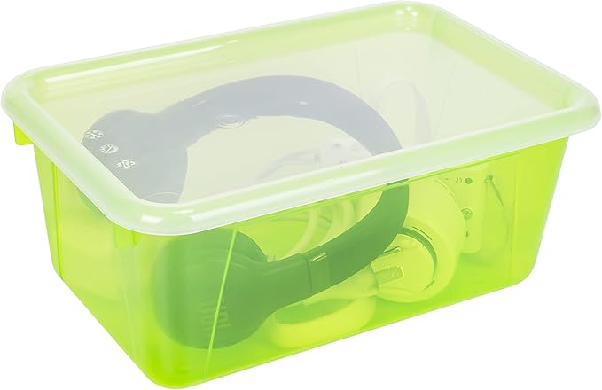 Storex Small Cubby Bins – Plastic Storage Containers for Classroom with Non-Snap Lid, 12.2 x 7.8 x 5.1 inches, Tint Green, 5-