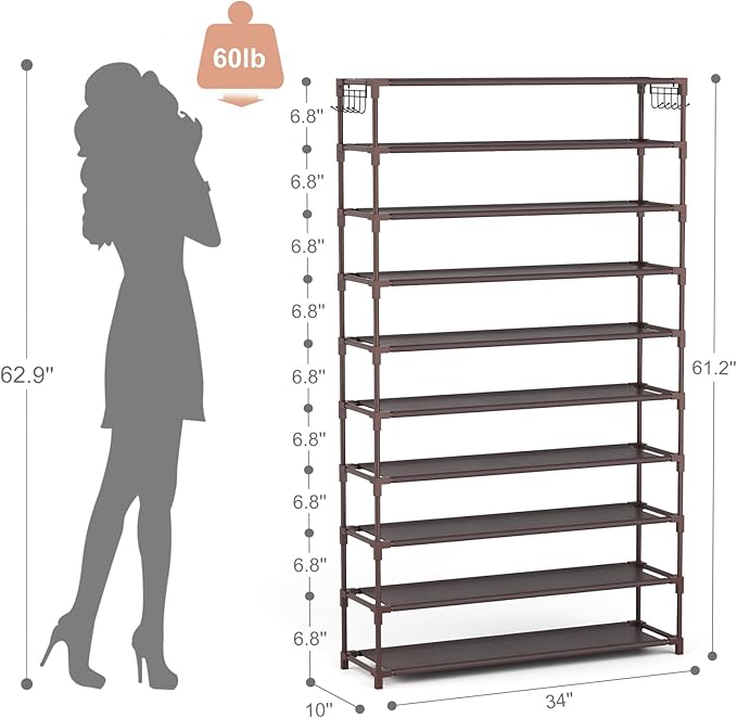 LANTEFUL 10 Tiers Shoe Rack 50 Pairs Large Capacity Tall Shoe Organizer Sturdy Shoe Storage with Two Hooks Space Saving Metal