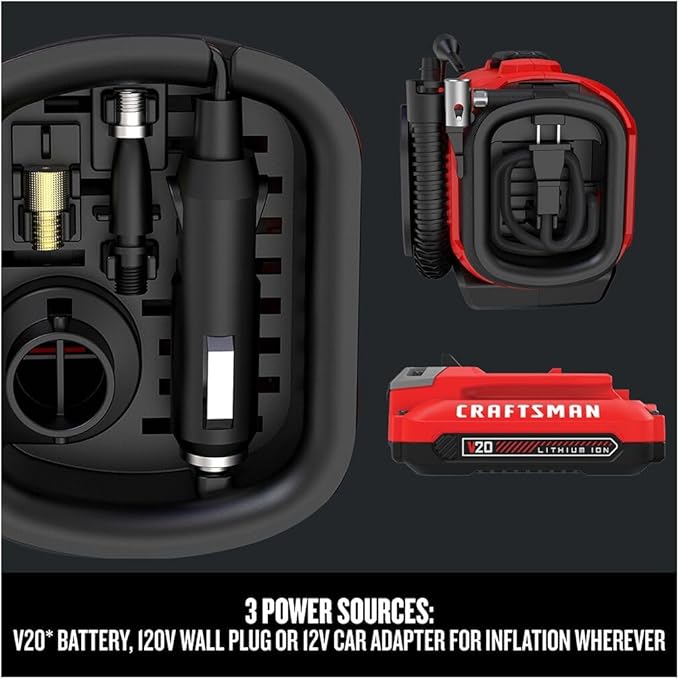 CRAFTSMAN V20 Tire Inflator Portable Air Compressor, Car Air Pump, 3 Modes Tire Pump: Cordless, 120V Corded, and 12V Car Adapter, Battery Sold Separately (CMCE520B)