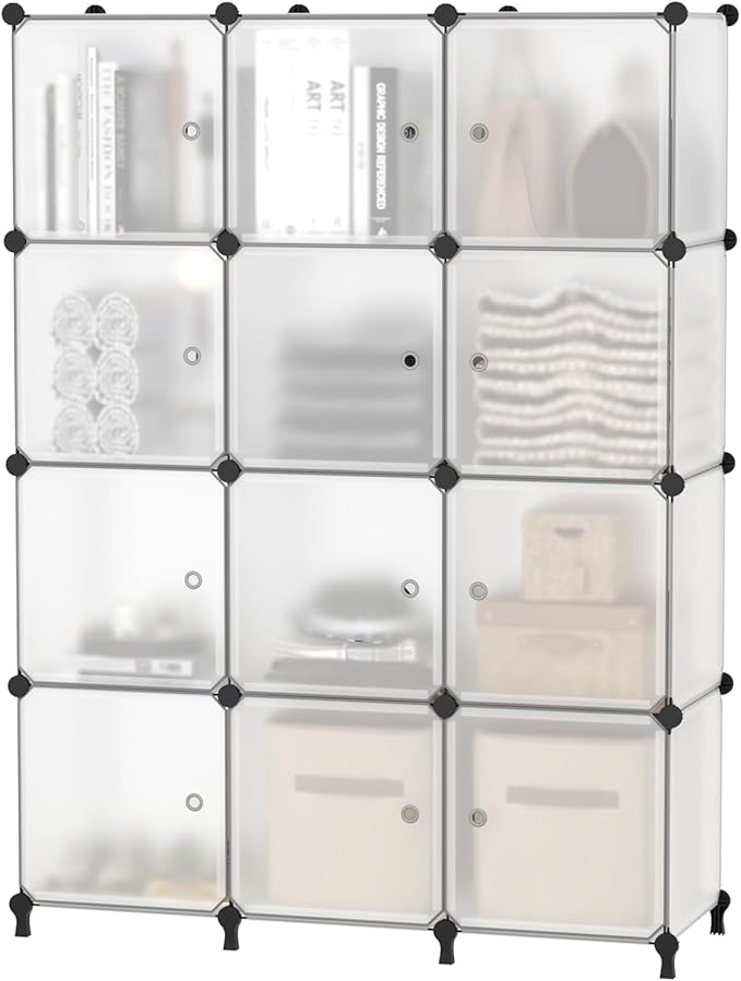 AWTATOS 12 Cube Storage Organizer with Doors, DIY Plastic Closet Shelf, Modular Bookshelf, Stackable Shelving Rack for Bedroo
