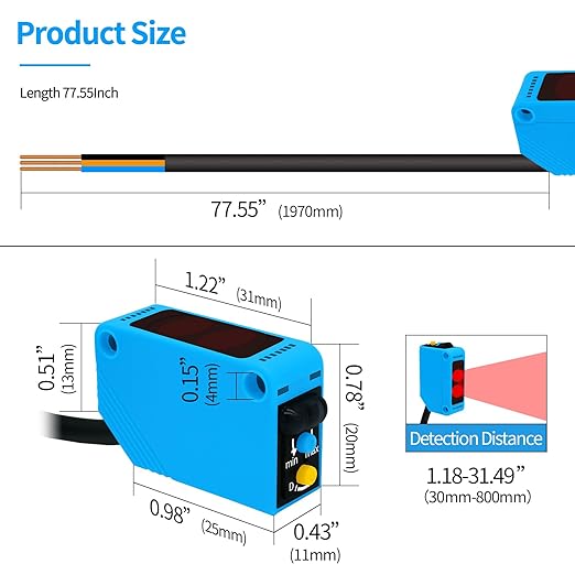 Micro Photoelectric Sensor Switch PNP NO+NC,DC10-30V,Distance:80cm/31.52'', AE3Z-D81,Reflective photovoltaic Sensor,Garage Pa