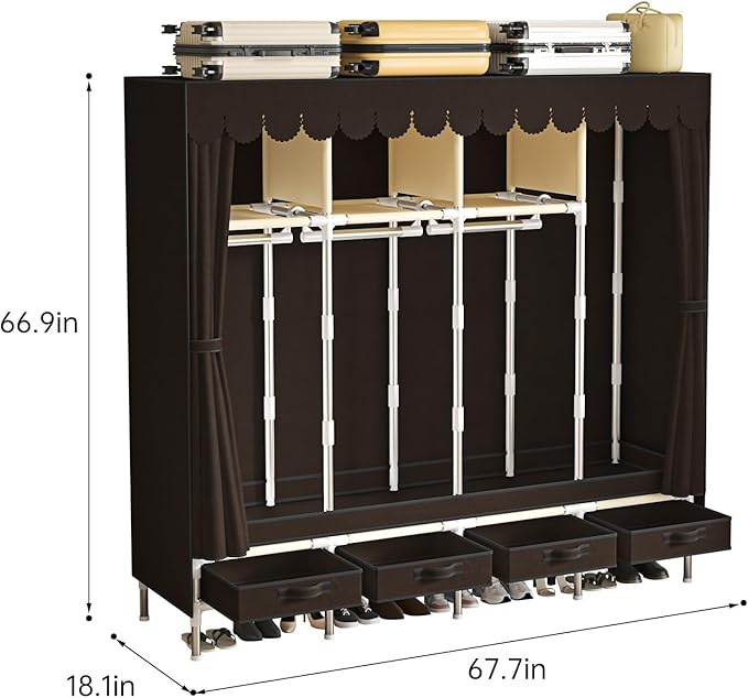 Portable Wardrobe with 4 Drawers, 4 Hanging Rods - 67" Tall Sweater Organizer, Sturdy Easy Temporary Bedroom Wardrobe Organiz