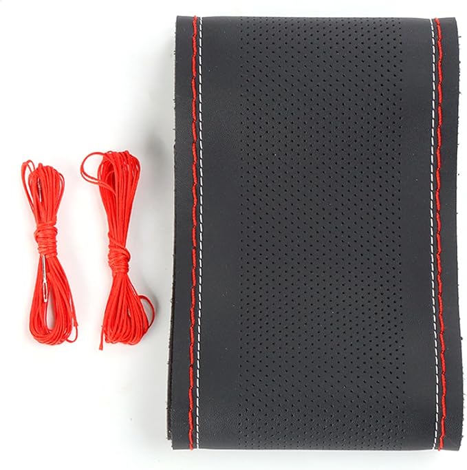 Pack-1 Leather Steering Wheel Cover, Universal Non-Slip Stitch On Wrap, DIY Car Wheel Cover Protector with Needle and Thread 