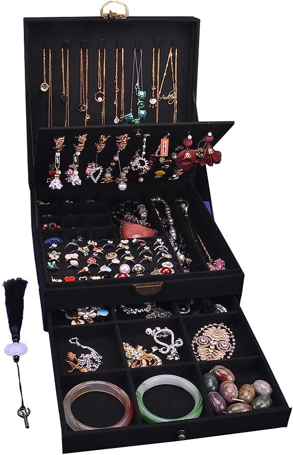 Women Jewelry Box Lockable 3 Layers Large Jewelry Organizer Storage Case for Earrings Necklaces Rings Bracelets,Green Display