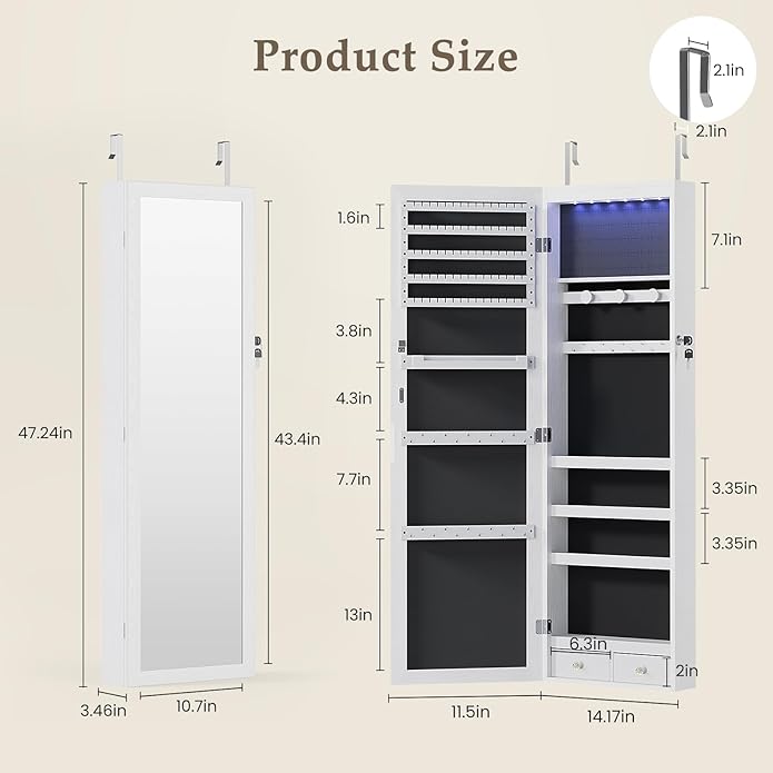 DUMOS 6 LEDs Mirror Jewelry Cabinet, Wall or Door Mounted Jewelry Organizer, 47.2-Inch Tall Lockable Large Capacity Cosmetic 