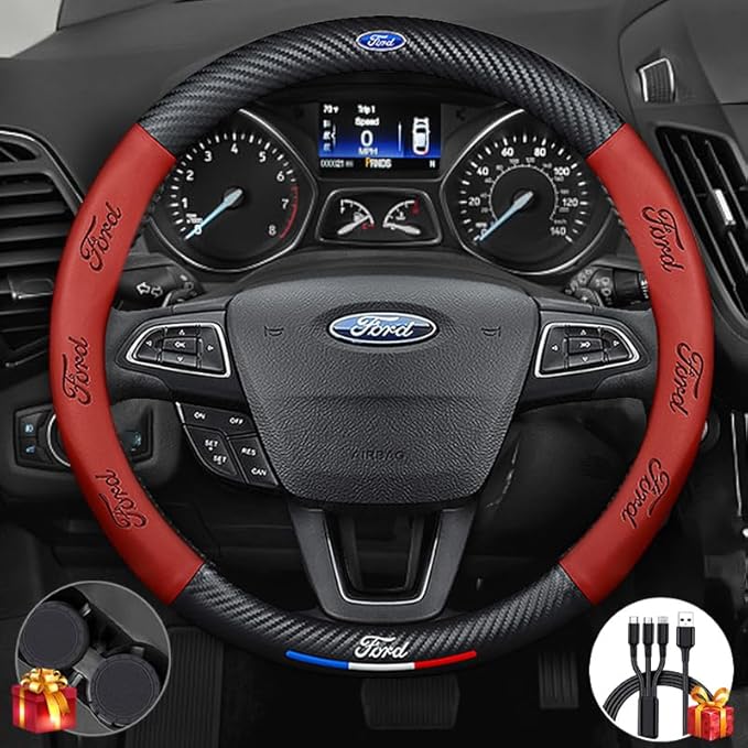 Customized Steering Wheel Cover Compatible with Ford, Nappa Leather & Carbon Fiber Design Car Steering Wheel Cover, with Coasters and 3-in-1 USB Fast Charging Cable (Red)