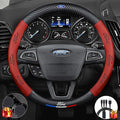 Customized Steering Wheel Cover Compatible with Ford, Nappa Leather & Carbon Fiber Design Car Steering Wheel Cover, with Coasters and 3-in-1 USB Fast Charging Cable (Red)