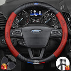 Customized Steering Wheel Cover Compatible with Ford, Nappa Leather & Carbon Fiber Design Car Steering Wheel Cover, with Coasters and 3-in-1 USB Fast Charging Cable (Red)