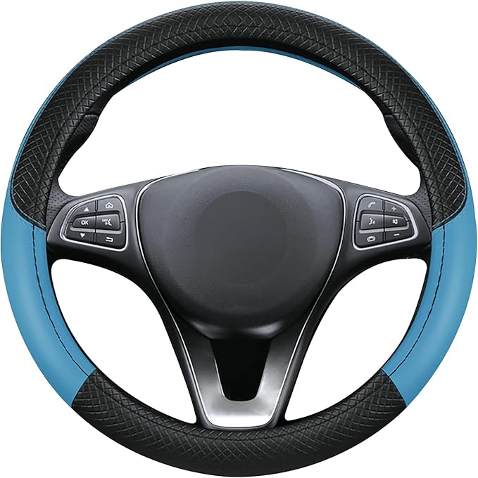 Leather Patchwork Black Blue Steering Wheel Cover, 14.5-15 Inch Non-Slip Breathable Microfiber Car Steering Wheel Protector
