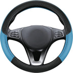 Leather Patchwork Black Blue Steering Wheel Cover, 14.5-15 Inch Non-Slip Breathable Microfiber Car Steering Wheel Protector