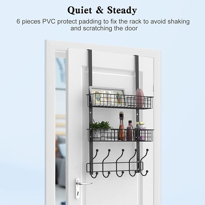 Coat Rack, Over The Door Hanger with Mesh Basket, Detachable Storage Shelf for Towels, Hats, Handbags, Coats (Black-2 Baskets