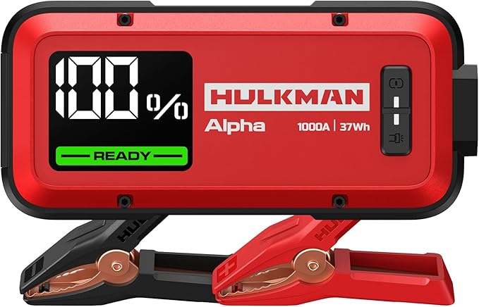 Hulkman Alpha,Ultra Red,1000A 37Wh Jump Starter, Portable, Stylish,12V Jump Box with Jumper Cables,45-Min Full Recharge,24-Month Standby,3-Step Easy Start,IP65,LED Display,for 6.5L Gas/3.0L Diesel