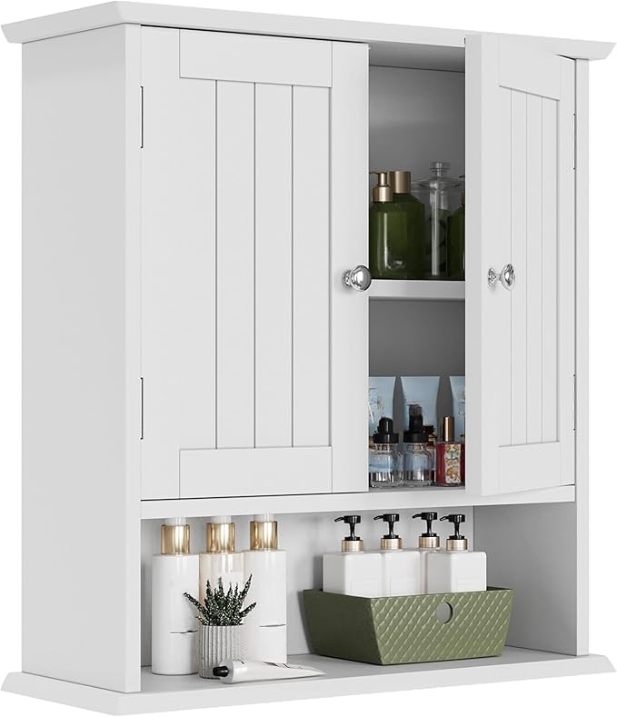 Smuxee White Bathroom Cabinet Wall Mounted, Small Bathroom Medicine Cabinet with 2 Door Adjustable Shelves, Bathroom Wall Cab