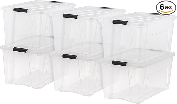IRIS USA 72 Qt Stackable Plastic Storage Bins with Lids, 6 Pack - BPA-Free, Made in USA - See-Through Organizing Solution, La