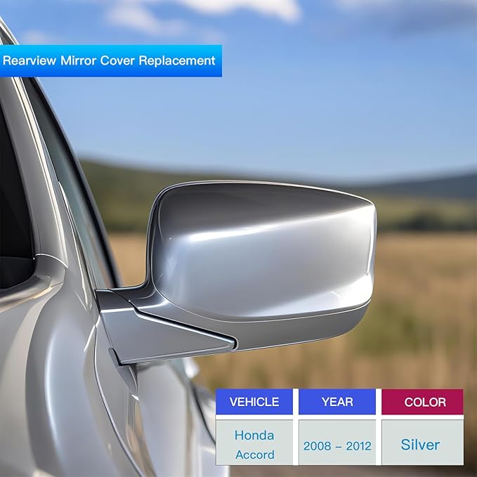Passenger Right Side Mirror Cover Cap Compatible with Honda Accord 2008-2012 | Alabaster Silver Metallic (Color Code: NH700M) - Bright Silver | Direct Replacement Door Wing Mirror Housing