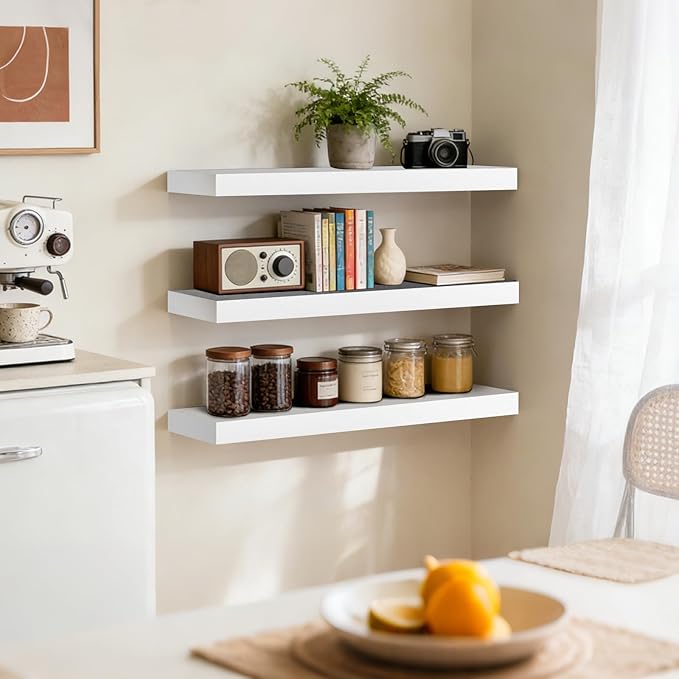 Floating Wall Shelves 24x6.8x1.7 Inch – Solid Wood Rustic Shelves in White Finish – Wall Mounted Display Shelf for Bathroom, 