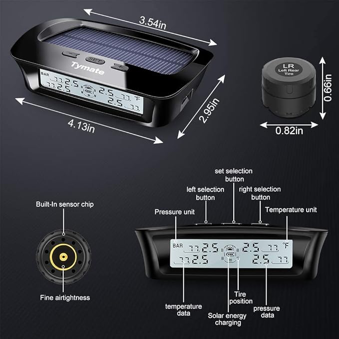 Tymate RV Tire Pressure Monitoring System - M12-3 Tire Pressure Monitor System (0-87 PSI) with Solar Charge, 5 Alarm Modes, Auto Sleep Mode, LCD Display, RV TPMS with 4 Sensors, Easy to Install