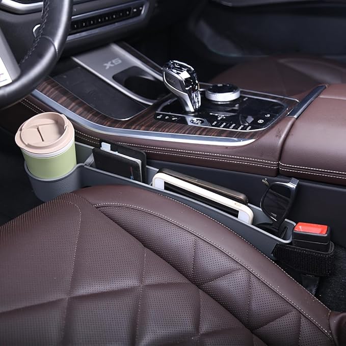 Car Seat Gap Filler, Multifunctional Seat Side Gap Filler with Cup Holder & Organizer, Gap Stopper Universal Fit Car SUV Truck Fill The Gap Between Seat & Console Set of 2 (Gray)