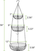 HULISEN 3 Tier Hanging Fruit Basket with Banana Hook, 36-Inch Heavy-Duty Wire Hanging Baskets for Kitchen Storage, Vegetable 