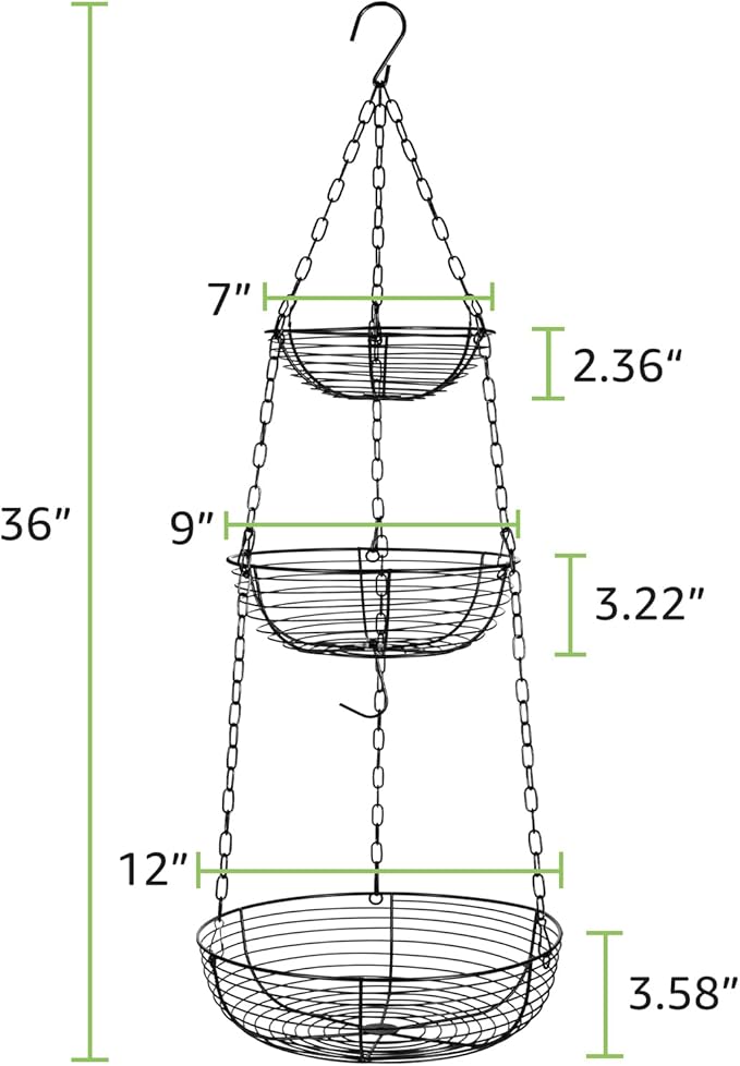 HULISEN 3 Tier Hanging Fruit Basket with Banana Hook, 36-Inch Heavy-Duty Wire Hanging Baskets for Kitchen Storage, Vegetable 